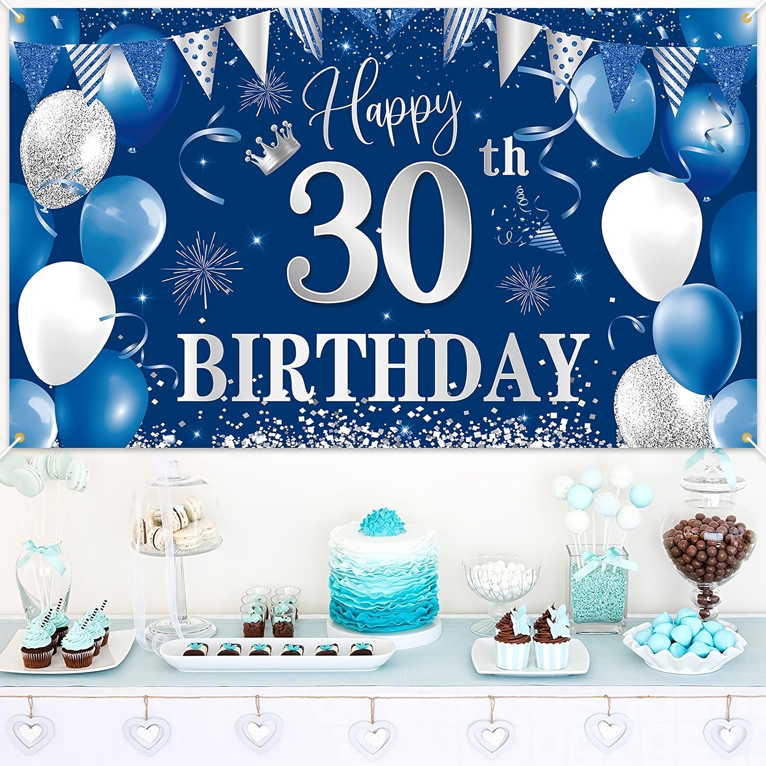 Happy 30th birthday banner background, sky blue and silver fabric, universal decoration, party photo background