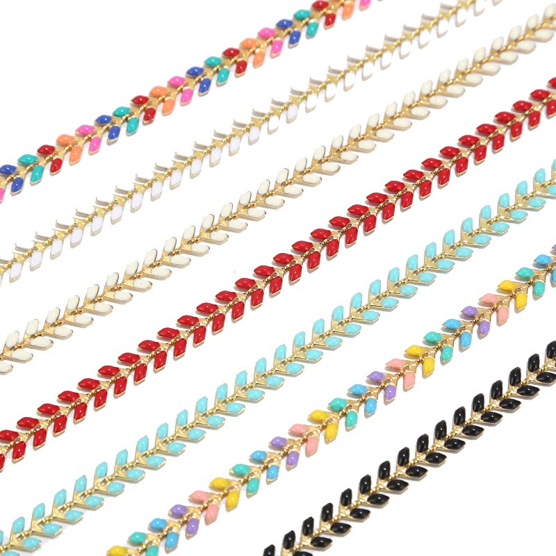 2 Meters Gold Plated Enamel Brass Fishbone Chains 6MM Handmade Boho Aircraft Chain Jewelry Supplies Mixed Color