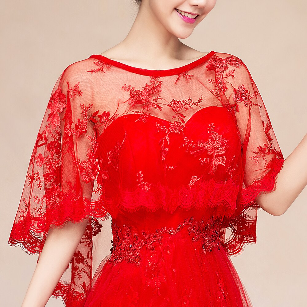Capa roja de encaje para mujer, chal Formal para de graduación, bordado con borde de encaje, Retro, talla libre