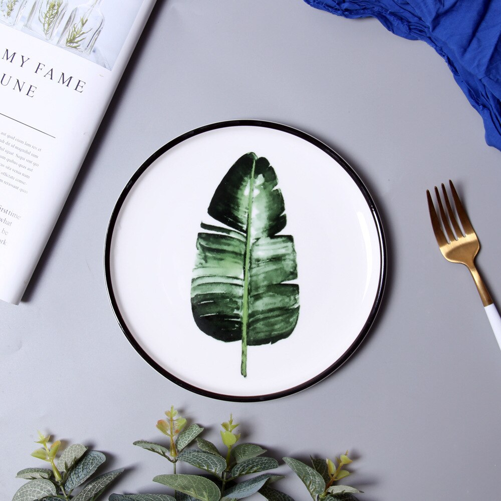 Vajilla de porcelana de 8 pulgadas con de plantas verdes, juego de cena, plato de postre de cerámica, plato de pastel, , 1 ud.: F