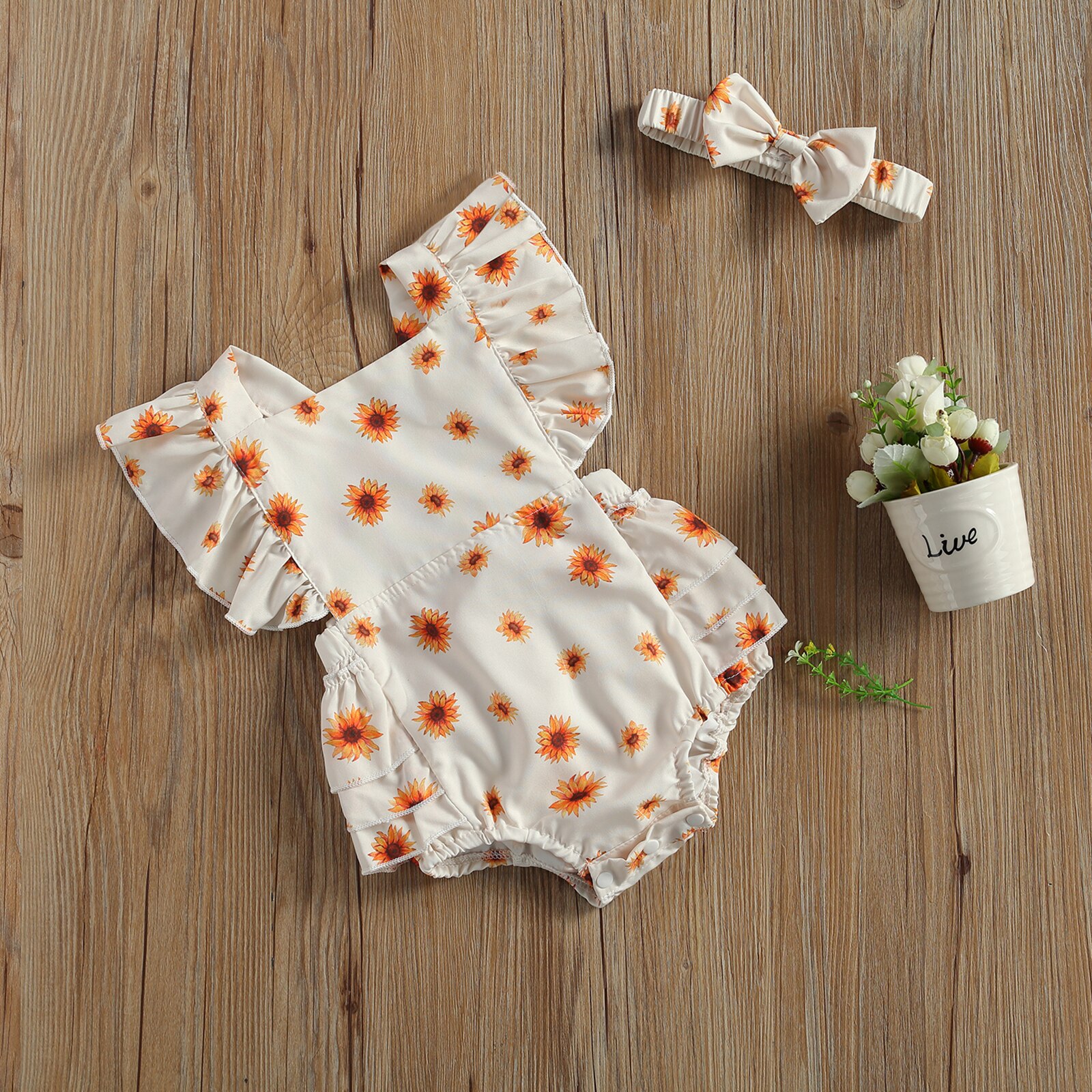 Summer Clothes Newborn Baby Girls Boys Leopard/Floral Rompers Headband Ruffles Short Sleeve Backless Jumpsuits Outfit 0-24M