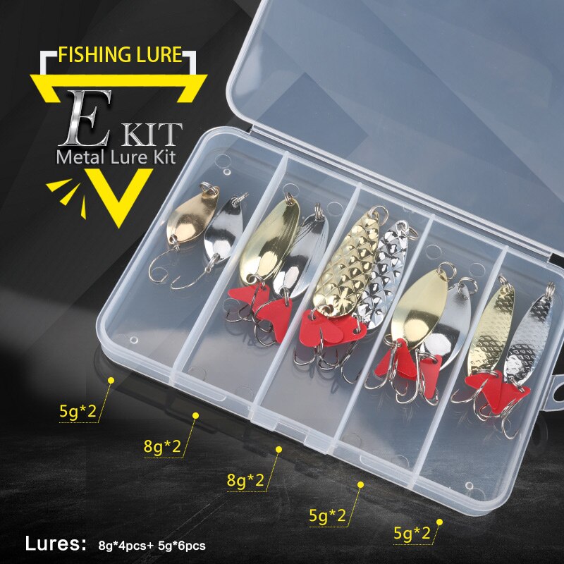 Mixed Colors Fishing Lures Spoon Bait Set Metal Lure Kit Sequins DD Fishing Lures with Box Treble Hooks Fishing Tackle hard Bait: Kit E