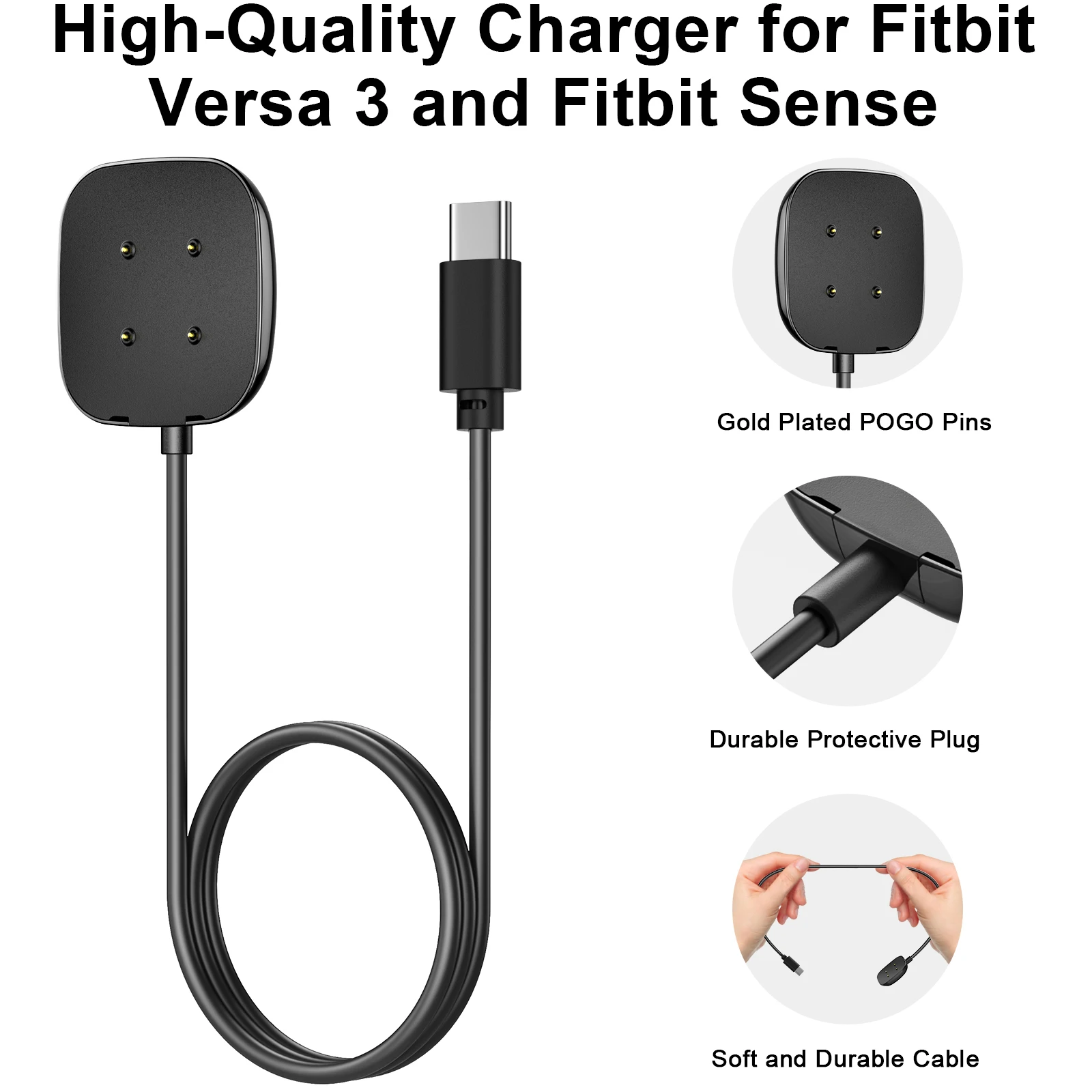 Usb-c-stekker oplaadstation voor fitbit versa 4/, versa 3/ sense 2 en 1 magnetische oplaadkabel voor fitbit versa 4 , versa 3/ sense 2 horloge-oplader