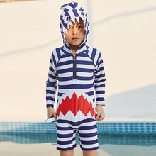 Kinderen Badmode Sport Baby Boy Lange Mouw Cartoon Shark Streep Hooded Baden Zwembad Beachwear Bikini Badpak Badpak T9 #