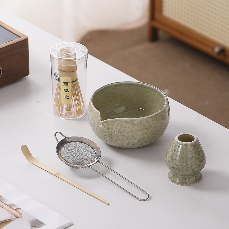 Ensemble Thé Matcha Complet - Fouet Bambou, Cuillère, Pelle Et Support Céramique Noir & Blanc