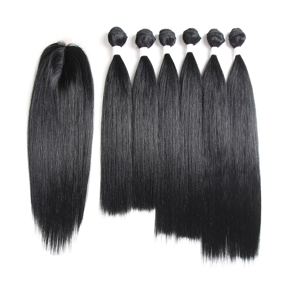 Highlight Synthetic Hair With Lace Closure Weave Bundles Weave Hair Extension Yaki Straight 6 Bundles With Closure SOKU: #1B