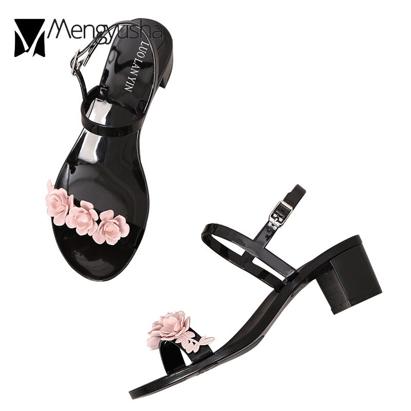 Sommer sko kvinde camellia blomster sandaler gelé sko smalle bånd hjemmesko flipflops damer firkantede med høje hæle sandalier