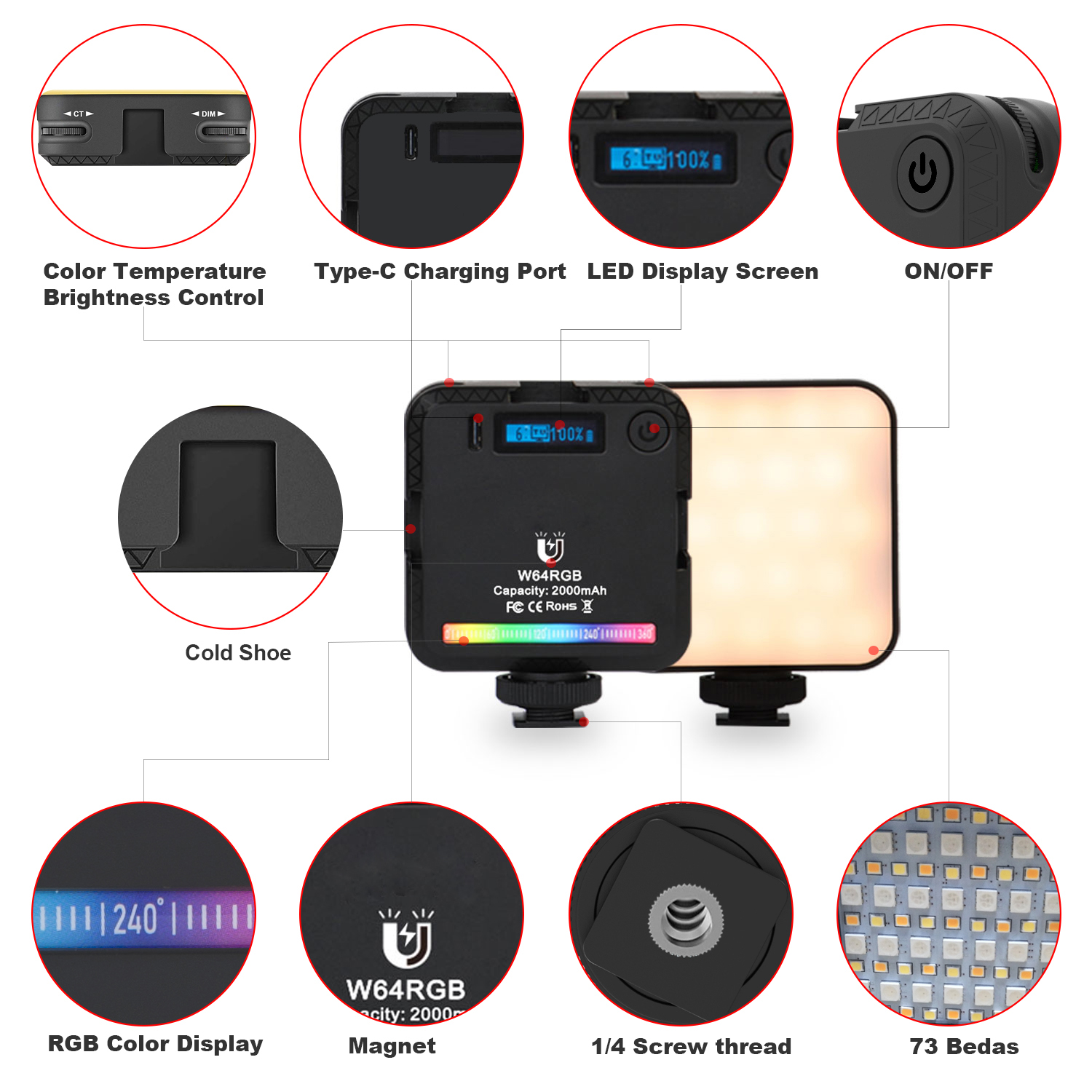 W64 Mini LED RGB Licht 2500K-9000K Dimmbare 20 Effekte LCD Anzeige 3 Kalten Schuh Halterungen Magnetische auf DSLR Kamera Tasche Video Licht