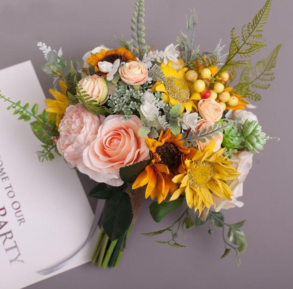 JaneVini żółty panna młoda ślub bukiety ślubne kwiaty sztuczne słonecznika jedwab Róża druhna broszki bukiet Fleur 2019 nowy: Default Title