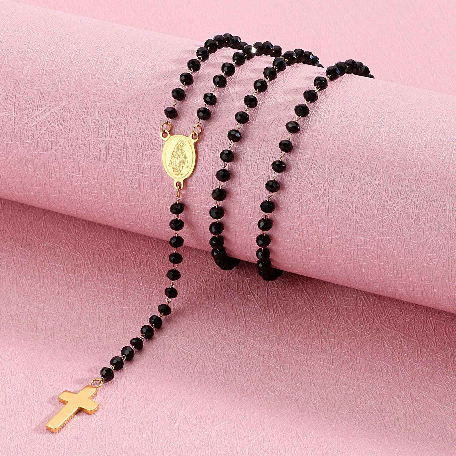 Religious link pearl necklace for women stainless steel cross virgin mary enamel necklace jewelry 60cm(23 ”) long , 1 pc