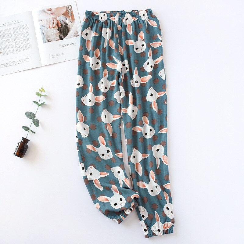 Mallas de dormir para mujer, pantalones de pijama a prueba de mosquitos, holgados, con estampado de viscosa, cintura elástica, satén: green rabbit