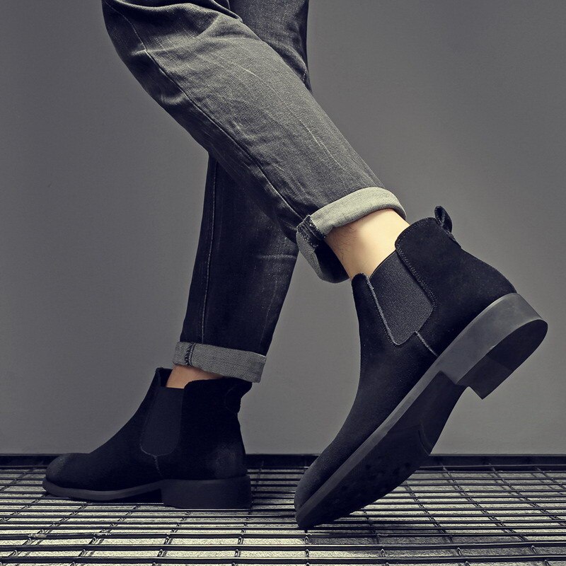 Errfc herr bruna chelsea boots rund tå man svarta ankel boots för man mocka nubuck trending skor 38-45: Svart / 5.5