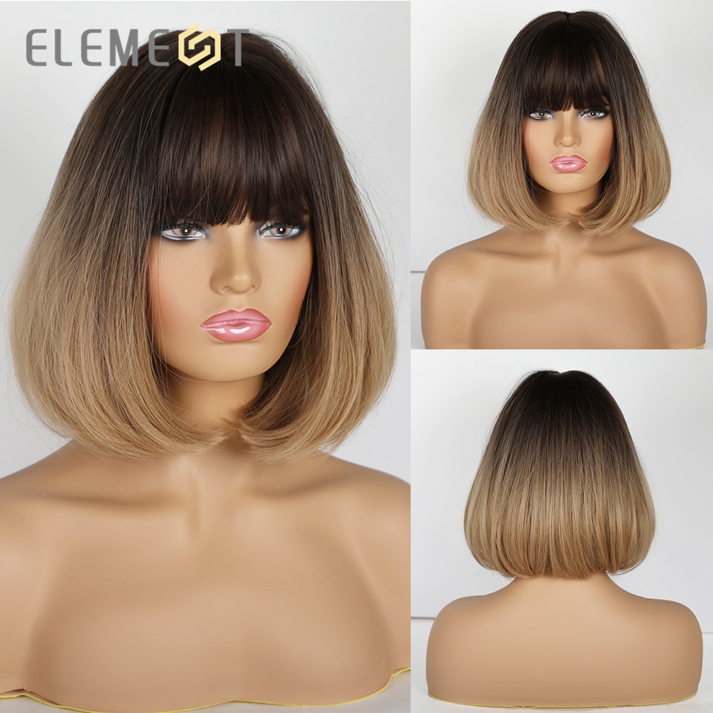 Element Synthetic Short Straight Bob Wigs for White/Black Women Ombre Brown Blonde Cosplay Party or Daily Wigs with Bangs