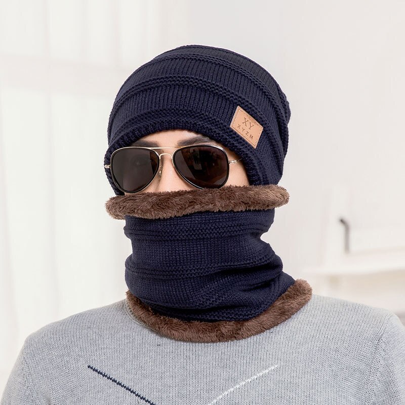 Vinter strik hue hue herre 2- -delt hat tørklædesæt nyeste mandlige kasket varm kasket & halsvarmer med tyk fleece foret: Marine blå