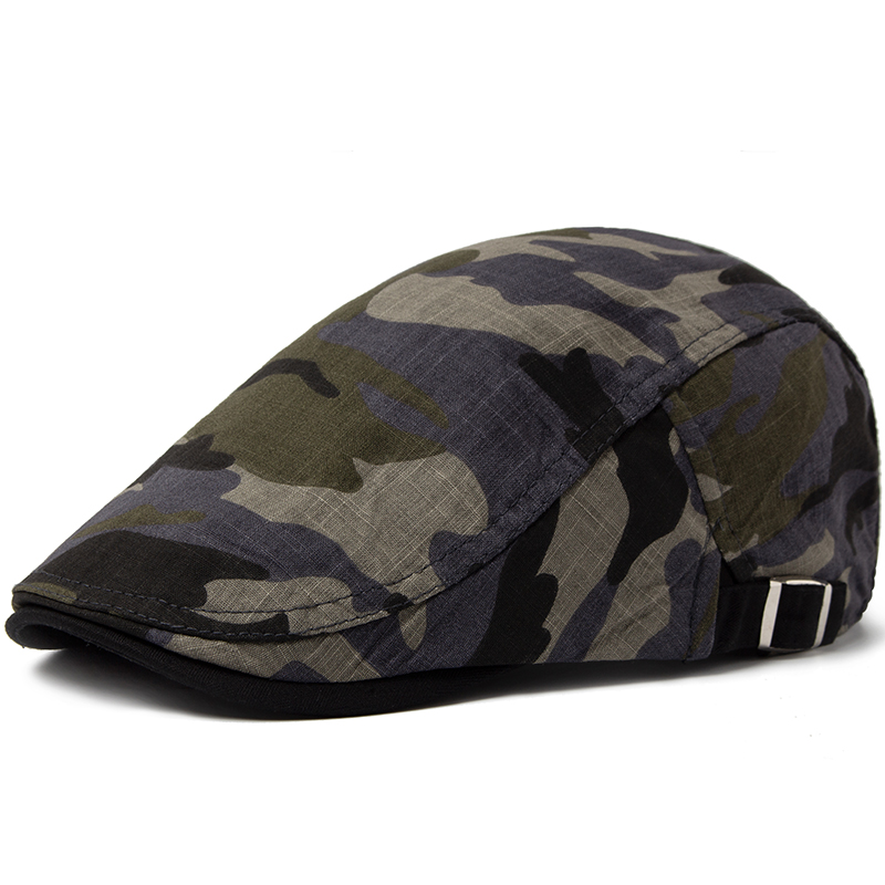 CNTANG Men Camouflage Beret Summer Cotton Linen Sun Cap Thin Breathable Visor Flat Hats Casual Forward Berets Hat Adjustable: army green