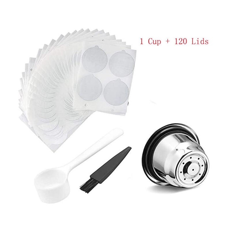 reusable for Nespresso coffee capsules stainless steel with disposable aluminum seals easy to clean reusable cup body: 1 Cups - 120 Lids