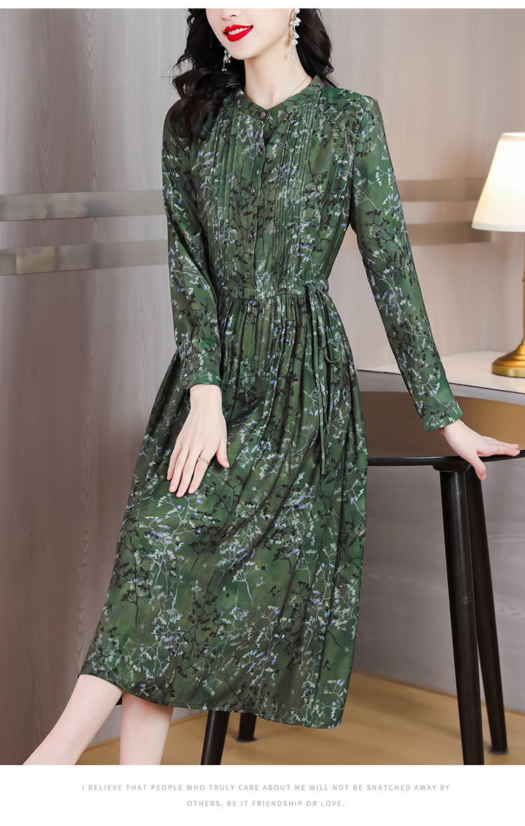 Sidenklänning tryck långärmad grön satin midiklänning kvinnor vintage casual festklänningar vår höst vestidos
