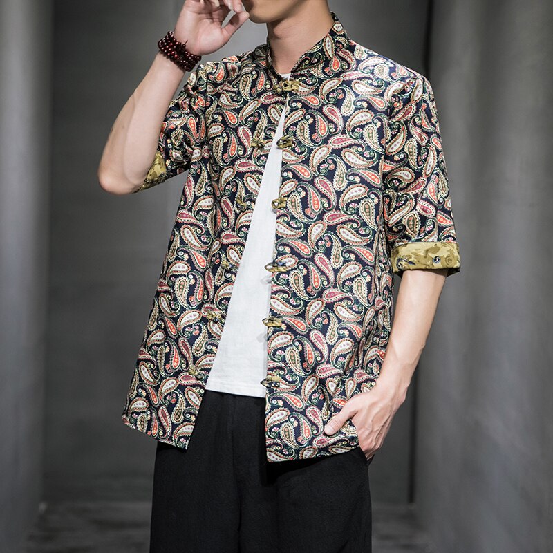 Mens Hemden Kleid der Halben Hülse verlieren passen Sommer Männer Chinesischen Hemd Blume Gedruckt Cheongsam Männer Jahrgang Chinesische Kung Fu hemd