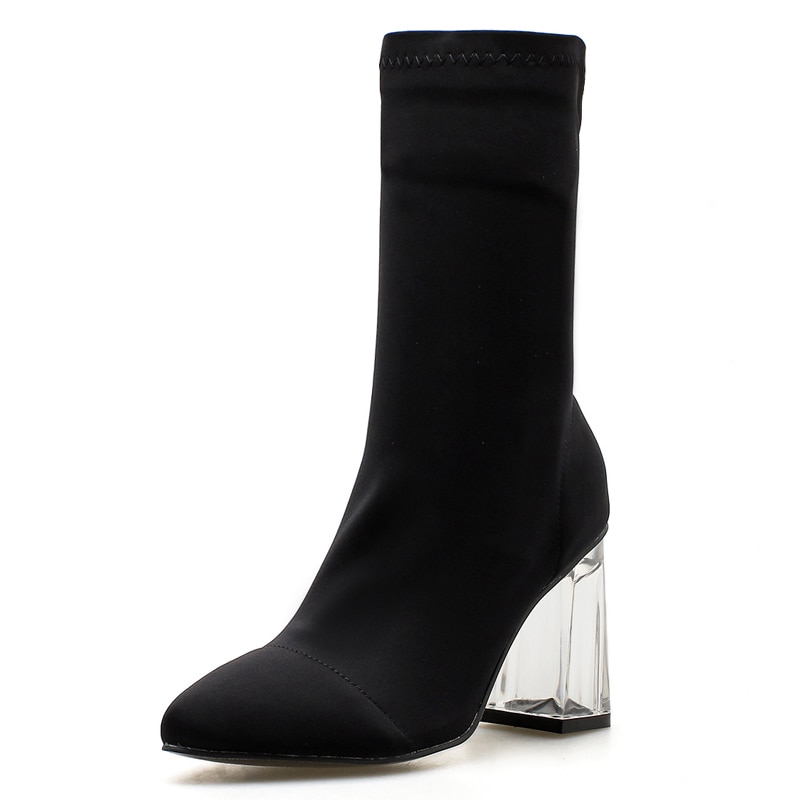 Botas de mujer Botines elásticos de Punta puntiaguda de tacón grueso zapatos de tacón alto botas de tacón transparente negras para mujer