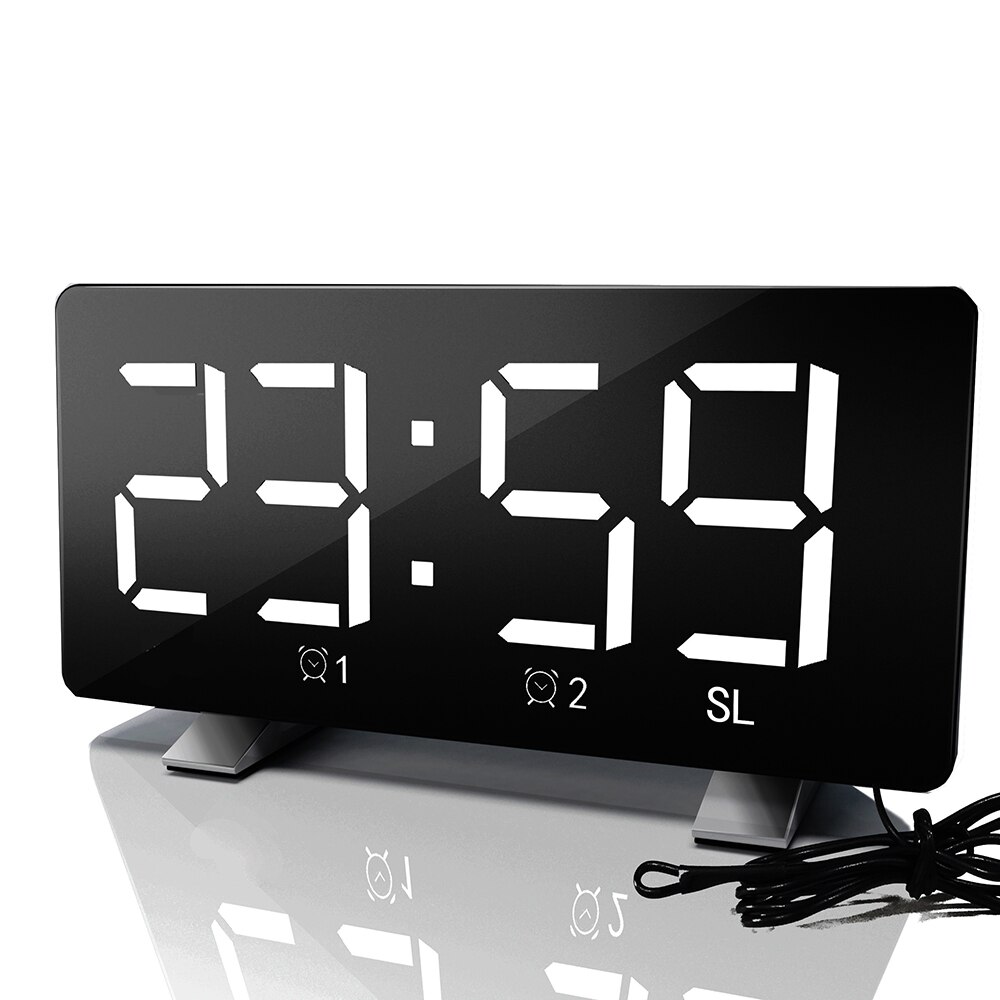 Electronic Alarm Clock Noiseless Digital LED Large Display Mirror Power Off Memory Function AAA Not Batteries Glow Clock