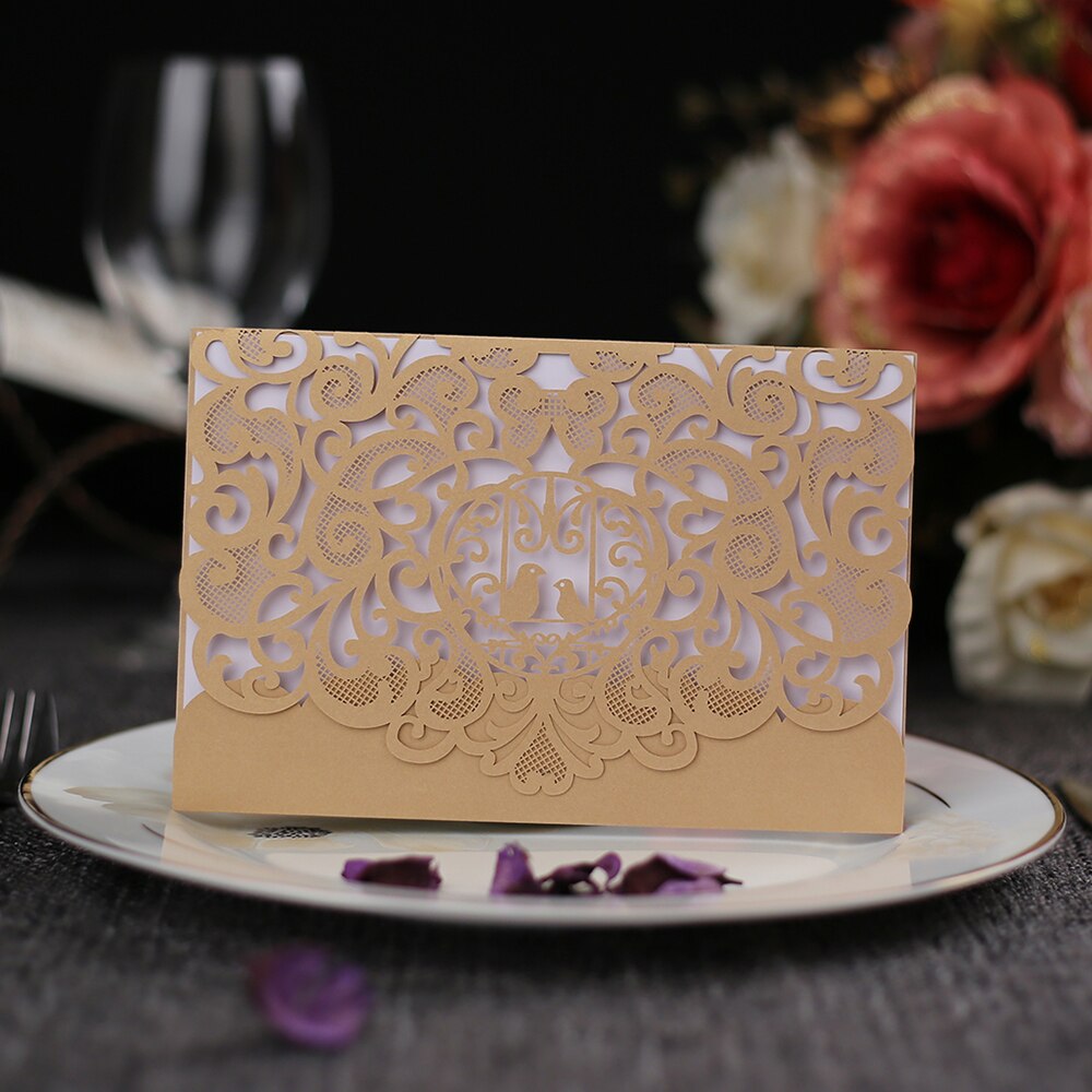 10pcs Pearl Paper Floral Wedding Invitation Card Sets with Blank Inner Sheets Blue/Gold Bird Pattern Wedding Cards Birthday Card