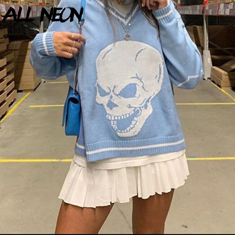 Allneon grunge esthétique crâne graphique tricoté  y2k pulls style punk col en v manches longues pulls surdimensionnés vintage 2000s hauts