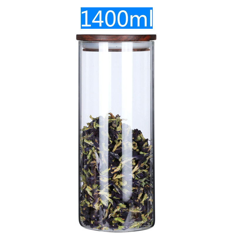 storage tank tea pot Glass sealed jars Food storage tank moisture-proof and insect-resistant high-grade acacia wooden lid: 1400 ml