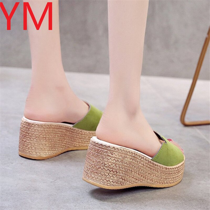 Extérieur été sandales compensées pour femme chaussures femme décontracté paille talons hauts plate-forme dames diapositives femme loisirs