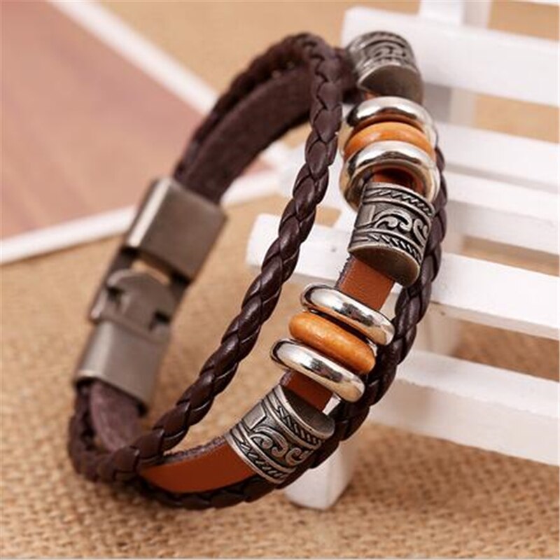 Lucky Vintage-pulsera de cuero trenzada multicapa para hombre y mujer, brazalete de cuentas de madera, pulsera Masculina