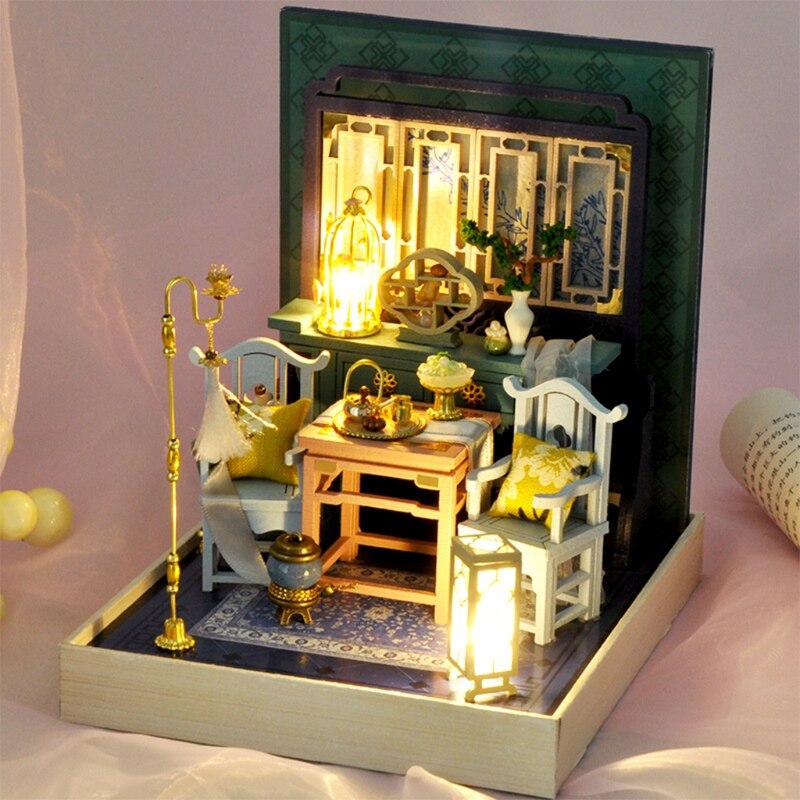 Dockhus miniatyr med möbler, diy hus kit plus dammtät  , 1:24 liten hus byggnad kit ， (kinesiska antika）