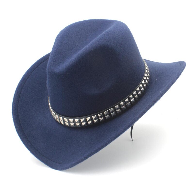 Women Men Wool Hollow Western Cowboy Hat With Wide Brim Felt Cowgirl Jazz Godfather Sombrero Cap Size 56-58CM Punk Belt A35: Dark Blue