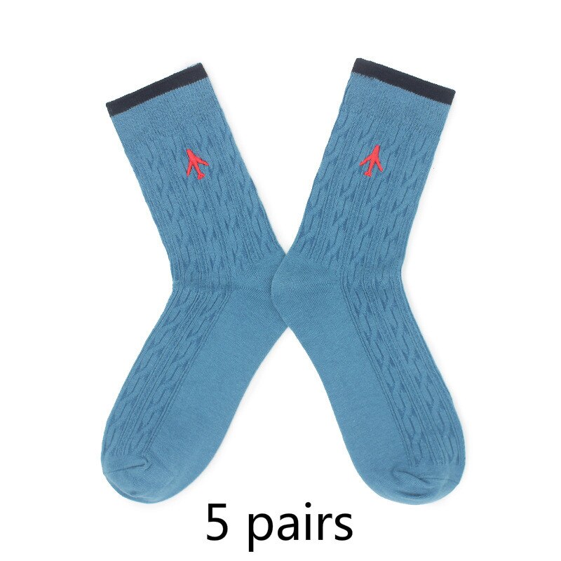 Embroidery Aircraft Airplane Women Men Business Dress Cotton Crew Socks Brand Novelty Funny White: 5 pairs blue socks