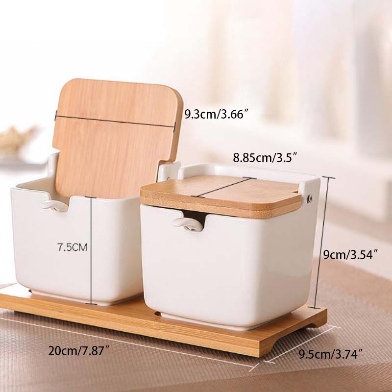 Keramik Salz Container Küche würzen Töpfe Pfeffer Gläser Lagerung Mit Deckel Löffel Porzellan Kasten Bambus Abdeckung Würze Gewürz Gestell