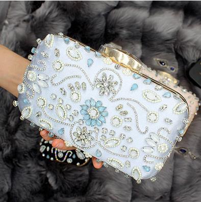 Luksus charme klassisk diamant beaded damer fest taske kobling taske aften taske kvinde kæde skulder taske håndtaske tegnebog: Lyseblå