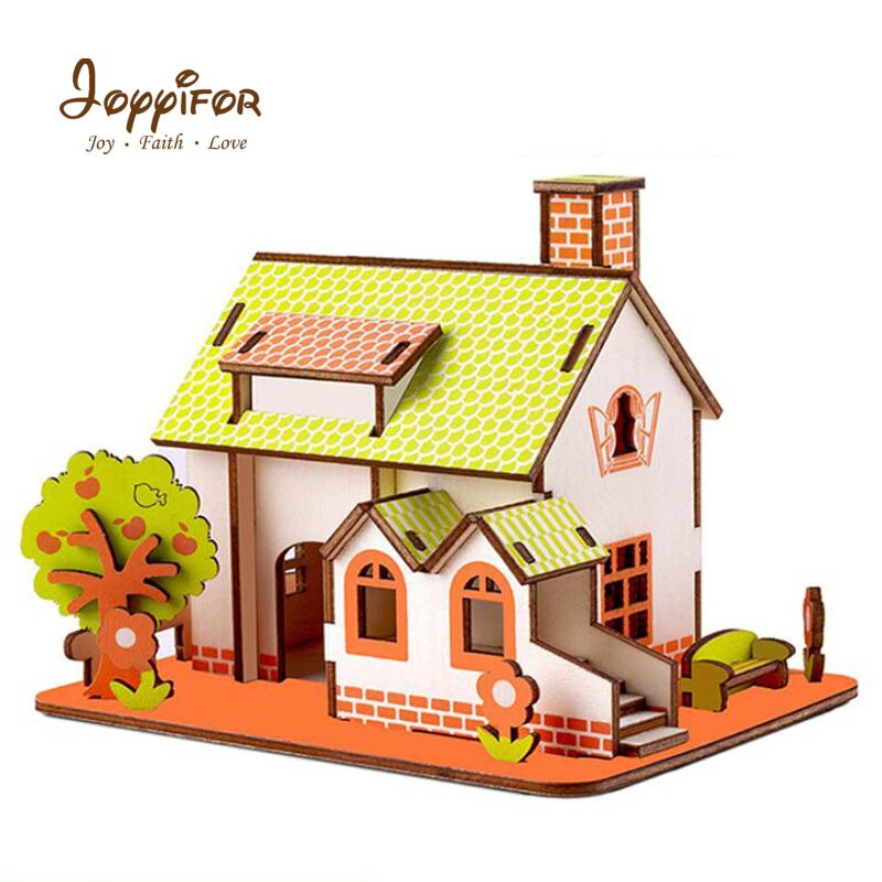 3D Mode Garden room Double storey House PuzzlesEducation Toy Model Building Wooden 3D Children's toy: Orange