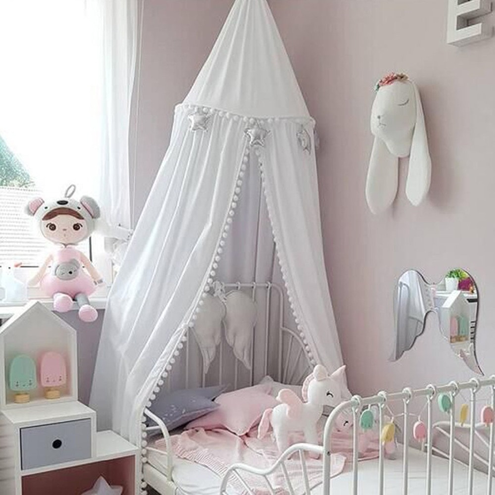 Children Crib Baby Bed Pompons Canopy, Round Dome Hanging Valance Kids Play Tent Mosquito Net Curtain Room Decor White Grey Pink