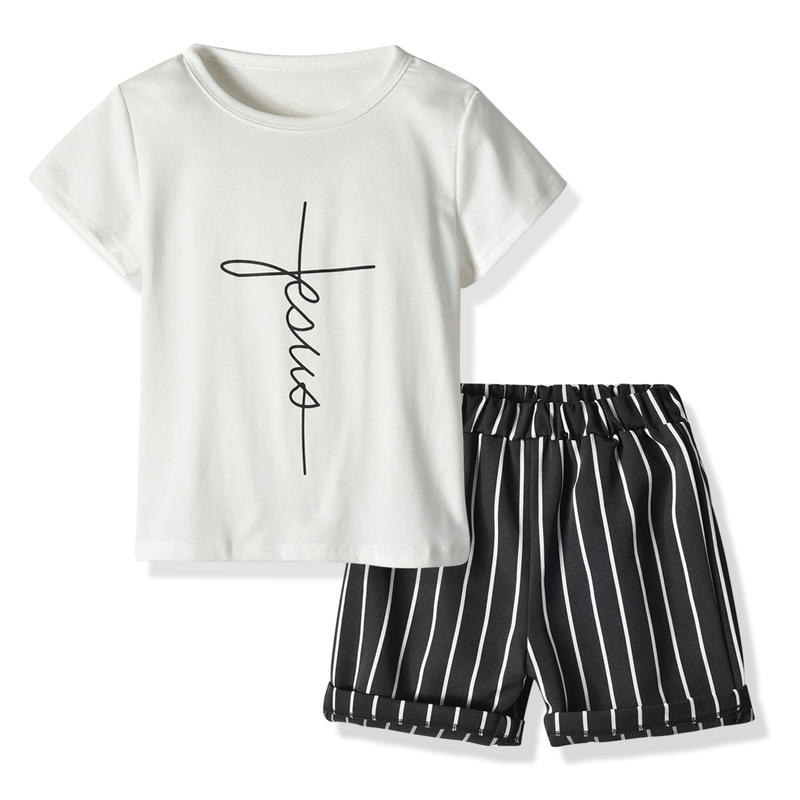 Kinderen Kid 'S Boy 'S Casual Ronde Hals Korte Mouwen Brief Print T-shirt Strepen Shorts Vrijetijdskleding Pakken homewear Outfits