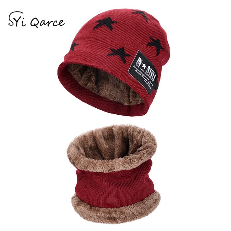 SYi Qarce 2 uds niños cálido invierno grueso sombrero de punto con bufanda conjunto Skullies gorros para niñas de 6-12 años de edad: Wine Red