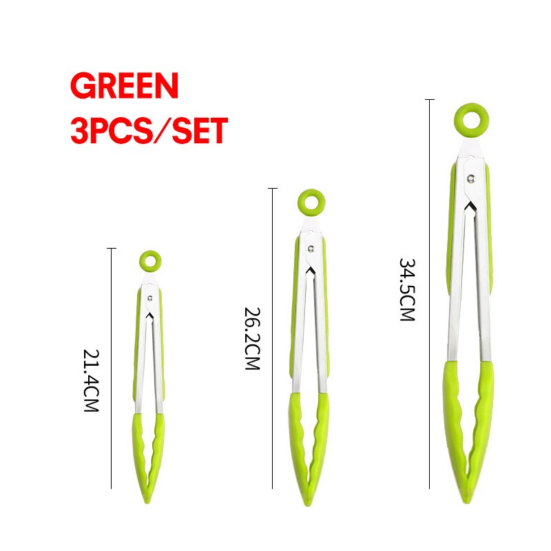 Juego de 3 pinzas de acero inoxidable para cocina utensilios de cocina con puntas de silicona, sin BPA, para ensalada, pan, pinzas para comida, herramientas para barbacoa: 3pcs green