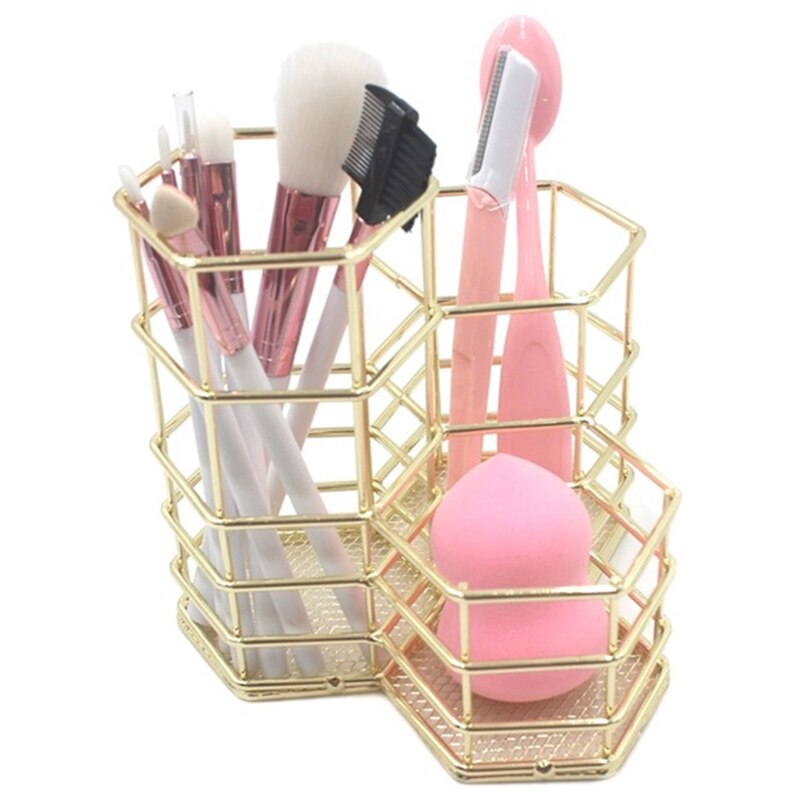 Makeup værktøj opbevaring rack plating diamant pen holder sekskant tre makeup børste opbevaring kurv opbevaringsboks desk pen holder