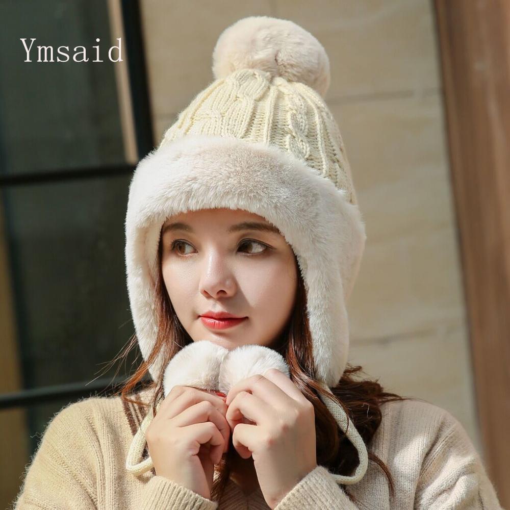Gebreide muts dames wintermuts dikker plus fluwelen oorwarmers gebreide muts pompon muts meisje vrouwelijke winter warme muts