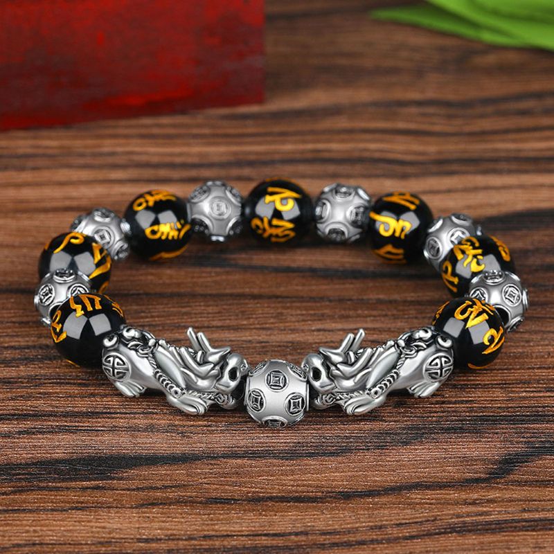 Mannen Zwart Obsidiaan Steen Boeddhisme Zes Woorden Legendarische Bixie Bead Armband Trekken Lucky Wealth Amulet Sieraden: 7