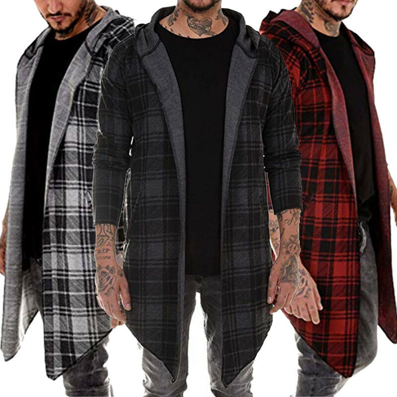 Herre hettegenser rutete skrive ut grøft uformelt cardigan jakke jakke langermet mannlig yttertøy høst vinter slank passe lang frakk streetwear