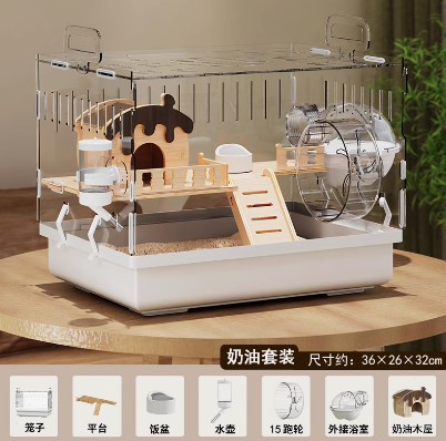 ‌ Jaula para hámster acrílica grande, hábitat de villa de lujo transparente para hámster dorado, casa para animales pequeños de fácil limpieza con accesorios: Gris claro