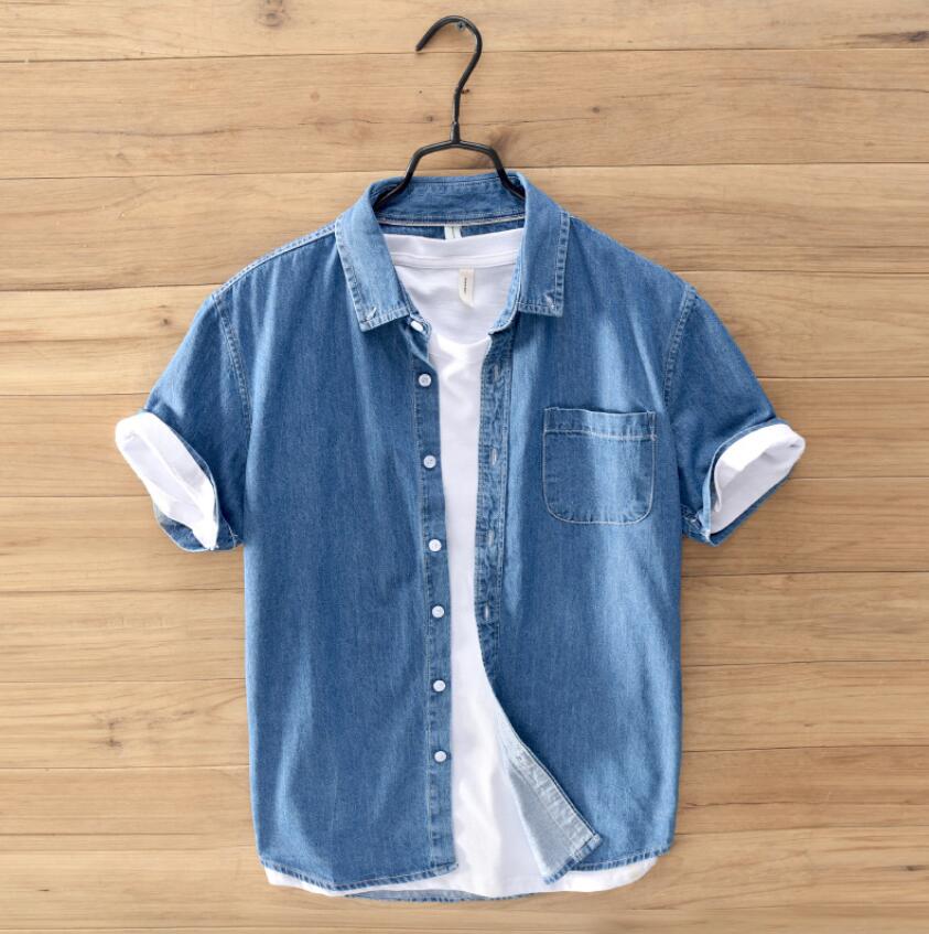 Denim Shirt casual men's short sleeved shirts slim breathes Cool hawaiianshirt: dark blue / XXXL