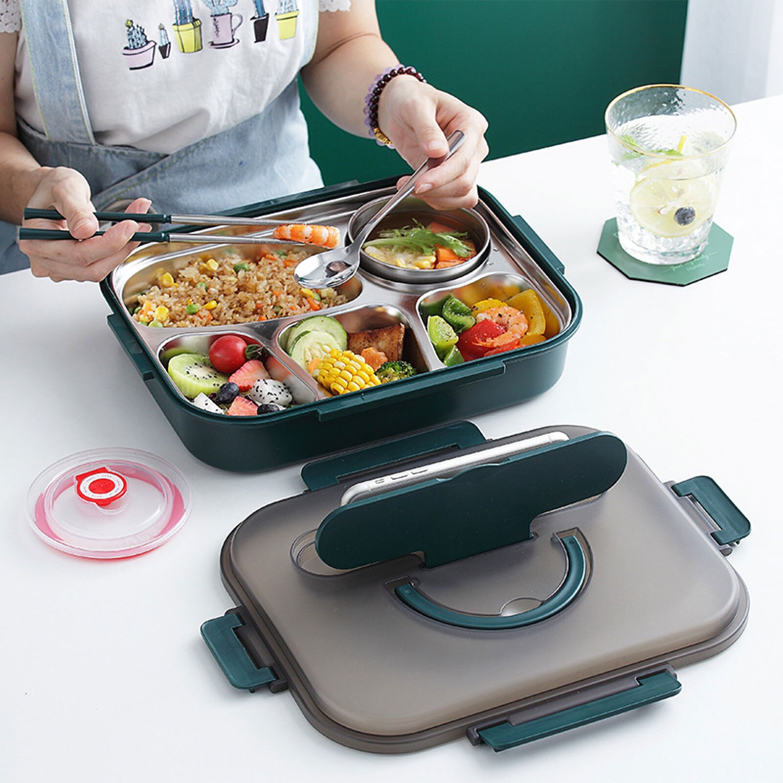 Portable Large 4 Compartments 304 Stainless Steel Office School Food Storage Bento Insulated Lunch Box