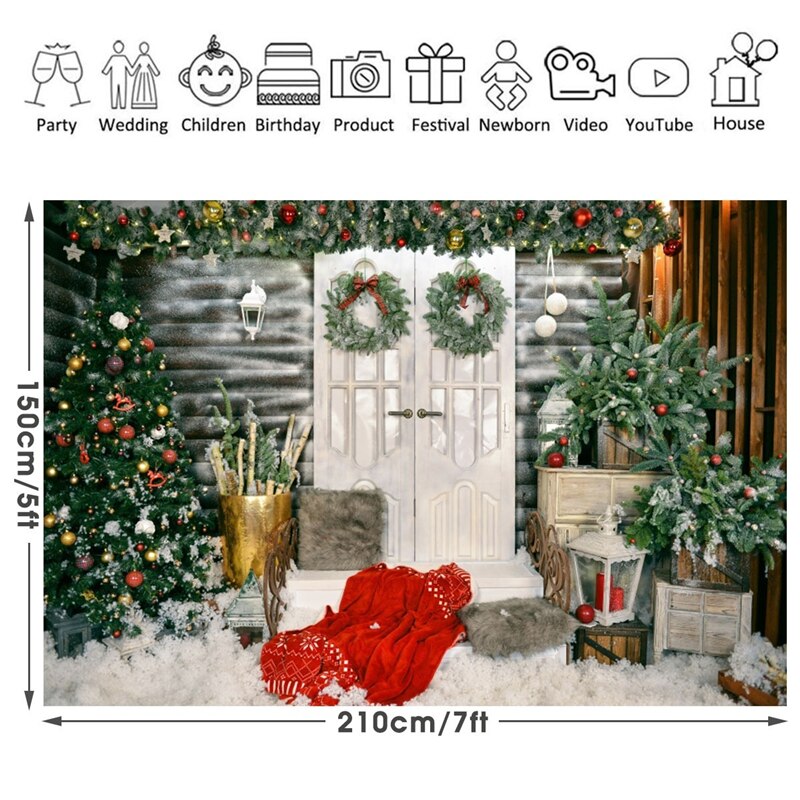 3D Christmas Tree Door Photography Background Winter Snow Wall Backdrops Photo Studio Props: 7x5ft