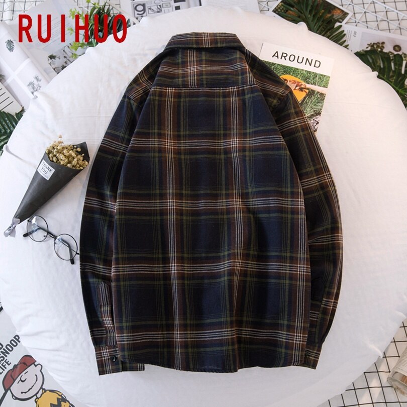 Ruihuo våren lange ermer rød rutete skjorte herre slim fit bomull fritidsskjorter herre klær merke pluss størrelse m -3xl