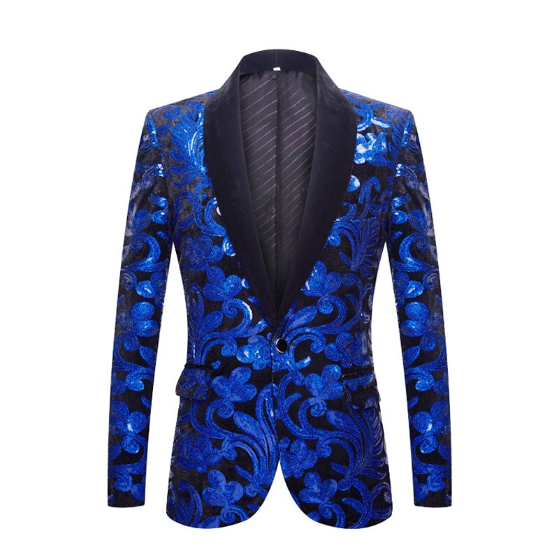 Pyjtrl paljetter fløyel serie menn kongeblå svart fløyel floral skinnende paljetter blazere bryllup brudgom prom sanger slim dressjakke: Oss størrelse  xl 44r