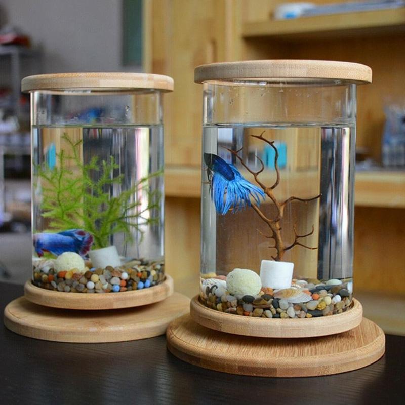 1Pcs Glas Betta Vis Tank Bamboe Base Mini Aquarium Decoratie Accessoires Draaien Decoratie Vis Kom Aquarium Accessoires